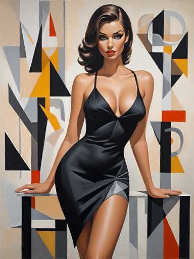 The image is a detailed, stylized painting of a woman with dark brown, wavy hair that falls just below her shoulders. She is wearing a black dress with thin straps and a low neckline that accentuates her cleavage. The dress is form-fitting, hugging her curves, and features a slit on the left side that reveals her leg. The woman is posed with her hands resting on a white table, her body slightly turned to the left, and her head tilted in the same direction. Her expression is serious, with dark eyebrows, dark eyes, and red lipstick. The background is a geometric composition of various shapes, including triangles, squares, and circles, in colors such as black, white, gray, yellow, red, and orange. The overall style of the painting is reminiscent of a comic book or graphic novel, with bold lines and vibrant colors.