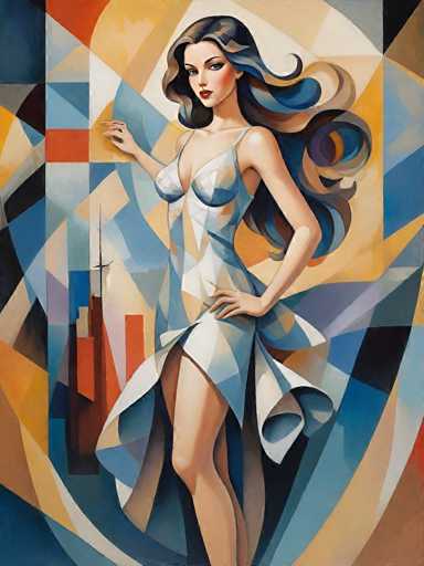 This image is a vibrant and colorful painting of a woman, rendered in a cubist style. The woman, who has long, flowing hair that transitions from brown to blue and orange, is depicted with a serious expression and red lips. She is wearing a sleeveless, low-cut dress that flares out at the bottom, revealing her legs. Her right hand is raised in front of her, while her left hand rests on her hip. The background is a dynamic mosaic of various geometric shapes, including triangles, squares, and rectangles, in a palette of blues, oranges, yellows, and whites. The painting is rich in detail, with the woman's dress and hair seamlessly blending into the abstract background, creating a cohesive and visually striking composition.