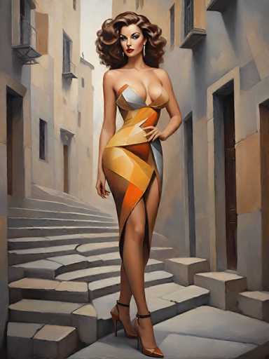 The image depicts a detailed painting of a woman standing on a stone staircase in an alleyway between two buildings. The buildings, which are tall and made of gray stone, feature numerous windows and balconies. The woman, who has long, curly brown hair cascading down to her shoulders, is dressed in a striking, sleeveless dress that accentuates her cleavage. The dress is a vibrant mix of colors, including shades of orange, yellow, gray, and brown, and features a high slit on the left side, revealing her leg. She is wearing high-heeled shoes with ankle straps. The woman stands confidently with her left hand on her hip, looking directly at the viewer. The scene is set against a backdrop of a white sky, adding a serene contrast to the urban setting.