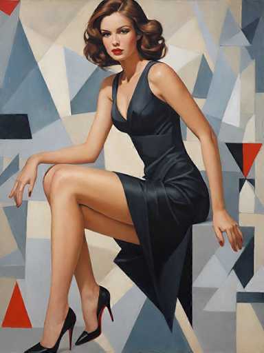 This image is a detailed painting of a woman seated on a gray, three-dimensional rectangular box. The woman, who has fair skin and shoulder-length brown hair styled in soft curls, is wearing a sleeveless black dress that falls just above her knees. Her red lipstick and red-painted fingernails add a striking contrast to her elegant appearance. She is seated with her legs crossed, her right leg over her left, and her arms resting on her knees. She is wearing black high heels with red trim. The background is a geometric composition of various shapes, including triangles, rectangles, and squares in shades of gray, white, blue, and red, creating a dynamic and visually engaging setting.