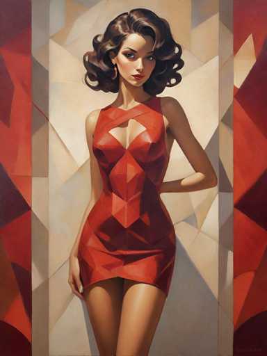 The image depicts a woman wearing a red dress with a geometric pattern and holding a black purse. The background features a geometric pattern of red triangles against a beige wall.