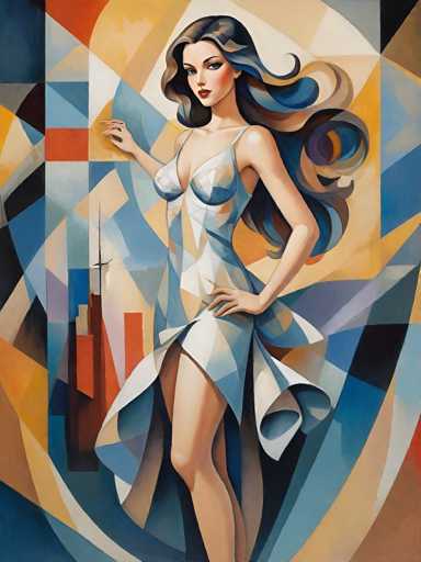 The image depicts an abstract painting featuring a woman with long hair and blue eyes wearing a white dress. The background is a geometric pattern of red, yellow, and orange shapes, creating a sense of depth and complexity in the artwork.