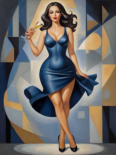 This image is a detailed painting of a woman with long, dark brown hair that cascades down to her shoulders. She is dressed in a form-fitting, dark blue dress that accentuates her figure, particularly her large chest and curvy hips. The dress, which is sleeveless and features thin straps, extends to her upper thighs and is being held up by her left hand, revealing her legs that are crossed at the ankles. She is wearing black high heels and has red lipstick on. In her right hand, she holds a champagne glass filled with a yellow liquid. The background is an abstract composition of various shapes and colors, including blue, white, yellow, and brown, creating a dynamic and vibrant setting. The woman stands on a white circular platform, adding to the overall elegance and sophistication of the scene.