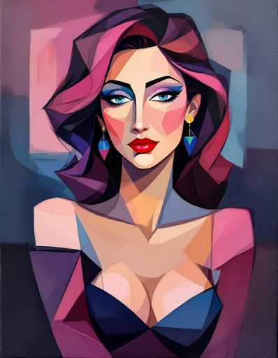 This image is a vibrant, abstract painting of a woman, rendered in a style reminiscent of Picasso's cubist works. The woman, who has fair skin, is depicted with a mix of geometric shapes and bold colors. Her hair is a striking combination of pink, purple, and black, cascading down to her shoulders. She wears blue eyeshadow and has blue eyes, with her eyebrows painted black. Her lips are a vivid red, and she sports a gold hoop earring on her right ear, while the left ear is adorned with a dangling earring featuring a blue triangle and a pink triangle. She is dressed in a black bra, and the background is a dynamic blend of pink, blue, and black hues, adding to the overall abstract and modern feel of the painting.