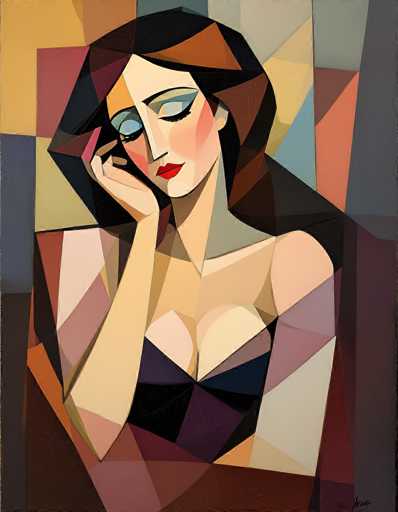 This image is a detailed, abstract painting of a woman rendered in a cubist style. The woman, who has long, dark brown hair, is depicted with her eyes closed and her head resting on her right hand. She is wearing a black dress and has red lipstick on her lips. The background is a vibrant mosaic of various colors, including shades of yellow, blue, red, orange, pink, purple, and gray, creating a dynamic and colorful setting. The painting is composed of numerous geometric shapes, such as triangles, squares, and rectangles, which come together to form the woman's figure and the background. The overall effect is a striking blend of abstract artistry and vivid color, capturing the essence of the subject in a modern, stylized manner.