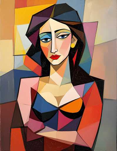 This image is a detailed, abstract painting of a woman rendered in a cubist style. The woman, who has long, dark hair and blue eyes, is depicted with a serious expression and bright red lips. Her face is divided into two distinct halves: one half is painted in a flesh tone while the other half is a darker shade, possibly purple. She wears a black bra with a hint of orange on one side, and her arms are crossed over her chest. The painting is composed of numerous geometric shapes, including triangles, squares, and rectangles, creating a fragmented yet cohesive representation of the woman. The background is a vibrant mix of colors, featuring shades of blue, yellow, orange, red, pink, purple, and gray, adding depth and complexity to the overall composition.