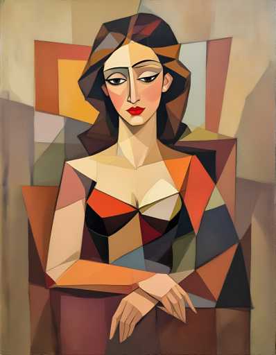 The image depicts an abstract painting featuring a woman with long brown hair and red lips. The painting is done in a geometric style, characterized by the use of shapes and colors that create a sense of depth and dimensionality. The background is a light beige color, providing a neutral backdrop for the vibrant colors used in the foreground.