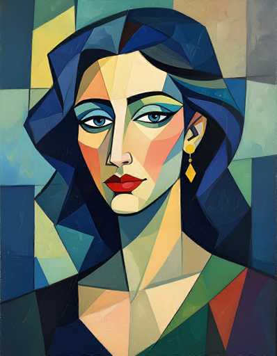This image is a detailed painting of a woman, rendered in a cubist style reminiscent of Picasso. The woman, who has fair skin, is depicted with a serious expression, her lips painted a striking red. Her eyes are a vivid blue, framed by dark eyebrows and accented with blue eyeshadow. She has long, flowing black hair that cascades down to her shoulders, with a hint of blue at the top. Her attire is a dark green dress, and she wears a single yellow diamond earring. The background is a mosaic of various geometric shapes, including squares, triangles, and rectangles, in a palette of blues, greens, yellows, and grays. The painting is rich in detail, with the woman's face being the focal point, surrounded by the intricate and colorful abstract patterns.
