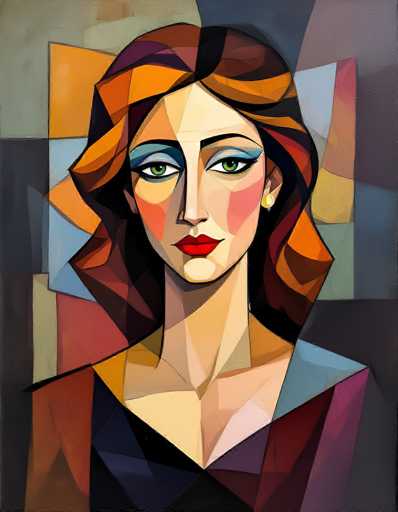This image is a detailed, abstract painting of a woman, rendered in a style reminiscent of Picasso. The woman's face is the focal point, characterized by her striking green eyes and bold red lips. Her hair is a vibrant mix of orange, brown, and black, styled in a way that suggests it is pulled back. She wears a single gold earring on her left ear, and her neck is long and slender. The woman is dressed in a black V-neck top, with the painting cutting off just below her chest. The background is a complex mosaic of various geometric shapes, including triangles, squares, and rectangles, in a palette of colors such as orange, blue, purple, red, yellow, and gray. The overall composition is both colorful and intricate, creating a visually captivating piece.