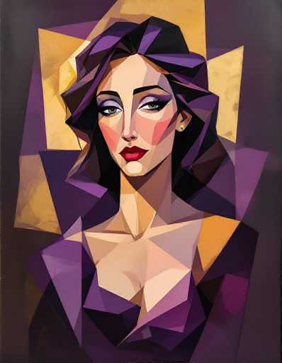 This image is a detailed, computer-generated painting of a woman, rendered in a cubist style. The woman, who has fair skin, is depicted with a serious expression, her lips painted a vivid red. Her eyes are accentuated with purple eyeshadow and long eyelashes, and she has a touch of blush on her cheeks. Her hair is a striking mix of purple and black, styled in a wavy, voluminous manner. She wears a black dress with a plunging neckline, and a single gold earring is visible in her left ear. The background is a complex mosaic of various shades of purple, gold, and black, with a prominent gold starburst shape behind her head. The overall composition is rich in geometric shapes and angular forms, creating a visually dynamic and intricate portrait.
