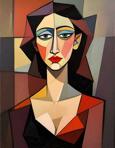 This image is a detailed, abstract painting of a woman, reminiscent of Picasso's style. The woman's face is divided into two distinct halves: the left side is a lighter tan, while the right side is a darker tan. Her eyes are green, framed by blue and purple eyeshadow, and she has red lips. She wears a black dress, and her long, dark brown hair cascades down her back. The background is composed of various geometric shapes in a range of colors, including red, orange, yellow, blue, purple, and gray, creating a vibrant and dynamic setting. The painting captures the essence of a woman with a serious expression, her face and body constructed from an array of colorful triangles and other shapes.