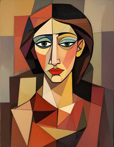The image depicts an abstract portrait of a woman with brown hair and red lips. The painting is done in a geometric style, featuring a variety of shapes and colors that create a sense of depth and complexity. The background is a gradient of brown and beige tones, providing a neutral backdrop for the vibrant figure.