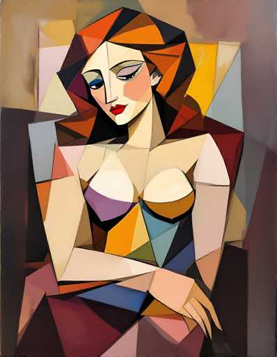 This image is a detailed, abstract painting of a woman, reminiscent of Picasso's style. The woman is depicted with a long, slender neck and a face that is turned slightly to the left, gazing downward. Her facial features are distinct, with one eye open, showcasing blue eyeliner and a blue iris, while the other eye is closed. She has red lips and a small nose. Her hair is a vibrant mix of orange, red, and black, cascading down to her shoulders. The woman's body is portrayed with a white chest, and her arms are crossed over her stomach, with her left hand resting on her right arm. The painting is composed of various geometric shapes, including triangles, squares, and rectangles, creating a mosaic-like effect. The background is a blend of colors, predominantly featuring shades of brown, with hints of yellow, blue, and purple. The overall composition is dynamic, with the woman's form fragmented into multiple shapes, giving the painting a modern and abstract feel.