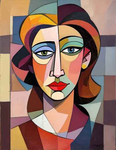 The image is an abstract painting featuring a woman's face as the central focus. The artist has used geometric shapes and colors to create a unique and vibrant representation of the human form. The painting is predominantly in shades of blue, green, red, and orange, with some purple accents adding depth and contrast. The woman's face is the most prominent feature, occupying about half of the canvas. Her hair, styled in loose waves, adds a sense of movement to the composition. The background is a solid color that complements the colors used for the face, creating a harmonious balance between the foreground and background elements.