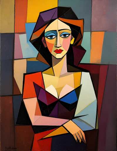 This image is a detailed painting of a woman, rendered in a cubist style reminiscent of Picasso. The woman is seated with her arms crossed, her right arm resting on her left wrist. She has a fair complexion, accentuated by bright red lipstick and blue eyeshadow. Her eyes are dark, and she wears a gold earring in her left ear. Her hair is a striking mix of black, orange, and brown, styled in a bob that frames her face. She is dressed in a red and black dress, with a white sleeve visible on her left arm. The background is a vibrant mosaic of geometric shapes in various colors, including yellow, blue, red, purple, pink, and orange. The painting is signed in the bottom left corner, though the signature is not legible.