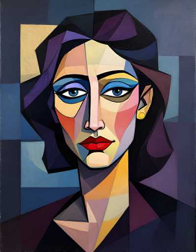 This image is a detailed, abstract painting of a woman's face, rendered in a cubist style reminiscent of Picasso. The woman's face is composed of various geometric shapes, including triangles, squares, and rectangles, creating a fragmented yet cohesive portrait. Her skin is depicted using a palette of colors: her forehead is a light tan, her cheeks are a mix of pink and red, and her chin is a lighter tan. Her lips are painted a striking red, and her eyes are a vivid blue, framed by black eyebrows and blue eyeshadow. She has short, dark hair with purple highlights, and she wears a gold earring. The background is a complex mosaic of dark blues, grays, and purples, adding depth and contrast to the composition. The woman's expression is neutral, with her gaze directed straight at the viewer, giving the painting a powerful and engaging presence.