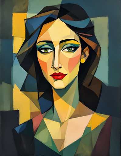 This image is a detailed, abstract painting of a woman's face and upper body, rendered in a cubist style reminiscent of Picasso. The woman, who has fair skin, is depicted with a long, slender neck and a face that is slightly turned to the left. Her hair, which is dark brown and styled in a bob, frames her face and is adorned with a blue headscarf. She has striking green eyes, accentuated by blue eyeshadow, and wears bright red lipstick. Her cheeks are rosy, and she has a long nose. The background is a complex mosaic of various geometric shapes, including squares, triangles, and rectangles, in a palette of blues, greens, yellows, and oranges. The painting's abstract nature and vibrant colors create a visually captivating and dynamic composition.