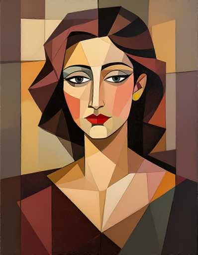 This image is a detailed, abstract painting of a woman's face and upper body, rendered in a cubist style reminiscent of Picasso. The woman has a long, angular face with a prominent nose and striking red lips. Her eyes are dark gray with black pupils, framed by black eyebrows and surrounded by gray eyeshadow. She has a yellow earring in her left ear, which is visible on the right side of the image. Her hair is a mix of black and brown, with some red highlights, and it appears to be styled in a bob cut. The woman is wearing a V-neck top, with the colors of her dress blending into the abstract background. The background itself is composed of various geometric shapes and a mosaic of colors, including shades of gray, brown, yellow, orange, red, and green. The overall composition is very colorful and intricate, with the woman's face being the focal point amidst the abstract surroundings.