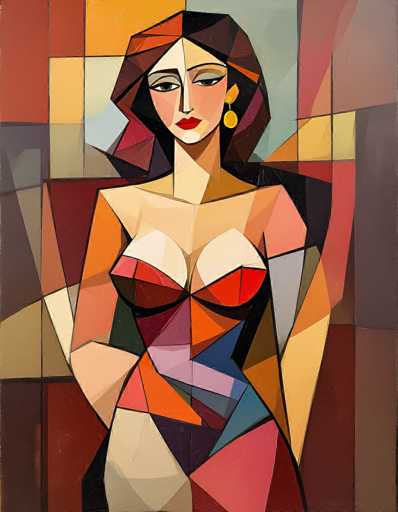 This image is a detailed, abstract painting of a woman, reminiscent of Picasso's style. The woman, depicted from the top of her head to just below her hips, is facing the viewer with a serious expression. Her long, dark hair cascades down to her shoulders, and she wears a red bra. Her face is painted in shades of white and pink, with striking red lips and green eyes. A large, yellow earring dangles from her left ear. The background is a vibrant mosaic of colors, including red, yellow, blue, orange, pink, and purple, arranged in various geometric shapes such as triangles, squares, and rectangles. The painting's abstract nature is evident in the fragmented and colorful composition that surrounds the woman, creating a dynamic and visually engaging piece.