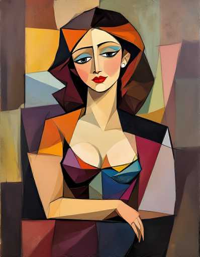 This image is a vibrant and detailed painting of a woman, rendered in a cubist style reminiscent of Picasso. The woman is depicted with long, flowing brown hair that cascades down to her shoulders. Her face is a striking blend of colors: the left side is a light tan, while the right side is a darker tan. She has blue eyeshadow, green eyes, and bright red lips. Her nose is long and slender, and she wears a single white pearl earring in her left ear.

The woman's attire is a colorful mosaic of shapes and hues. Her dress features a mix of orange, blue, purple, and red, with a prominent blue section on the right side. Her chest is exposed, revealing a large bust. Her left arm is bent at the elbow, with her hand resting on her right shoulder, and her fingers are long and slender.

The background of the painting is a dynamic array of colors and shapes, including squares, triangles, and rectangles in shades of brown, yellow, blue, purple, pink, and gray. These geometric forms create a sense of movement and depth, enhancing the overall cubist aesthetic of the piece. The painting is rich in detail and color, capturing the viewer's attention with its intricate composition and bold use of form.