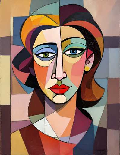 This image is a detailed, abstract painting of a woman's face, reminiscent of Picasso's style. The woman's face is divided into two distinct halves, each with its own unique color palette and features. The left side of her face is predominantly pink with blue and purple accents, while the right side is more orange with green and blue highlights. Her eyes are asymmetrical, with the left eye being green and the right eye blue. She has red lips and a long, pointed nose. Her hair is a vibrant mix of colors, including orange, yellow, red, black, and purple, and it appears to be shoulder-length. The background is a mosaic of various colored rectangles and squares, featuring shades of brown, purple, blue, pink, yellow, and orange. The woman is wearing a white shirt, and the overall composition is both colorful and abstract, with no text present in the image.