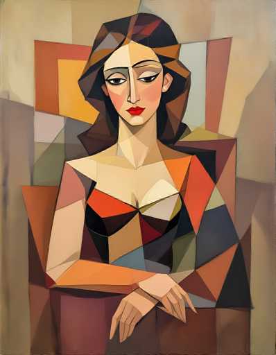 This image is a detailed, abstract painting of a woman, reminiscent of Picasso's style. The woman, who has long brown hair and is wearing a black dress, is seated in a chair. Her face is painted with red lipstick and blush, and she has dark eyes. The painting is composed of various geometric shapes, including triangles, squares, and rectangles, creating a mosaic-like effect. The background features a mix of colors, including brown, gray, orange, yellow, and green, adding depth to the composition. The woman's expression is neutral, and she appears to be looking directly at the viewer. The overall effect is a striking blend of cubist and abstract art, with the woman's figure seamlessly integrated into the colorful, angular surroundings.