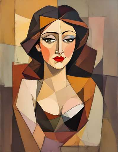 This image is a detailed, abstract painting of a woman, reminiscent of Picasso's style. The woman, depicted from the waist up, has a face and hair composed of various geometric shapes, primarily triangles. Her hair is a mix of brown, black, and orange hues, with some sections appearing as dark gray. She has green eyes, thin black eyebrows, and wears bright red lipstick. Her face is painted in shades of peach and pink, with a notable blue accent on her left eye. The woman is dressed in a black top, possibly a bra or tank top, with her arms crossed over her chest. The background is a complex mosaic of colors, including brown, gray, orange, yellow, and black, arranged in a patchwork of rectangles and squares. The overall composition is vibrant and dynamic, with the woman's face being the focal point amidst the abstract backdrop.