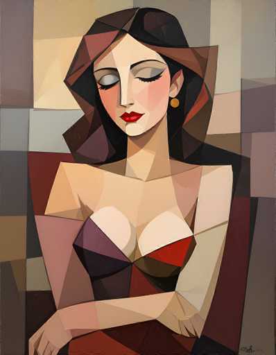 This image is a detailed, abstract painting of a woman in a style reminiscent of Picasso. The woman, who has fair skin and long, dark brown hair, is depicted with her eyes closed and her head slightly tilted to the left. She is adorned with a gold earring on her left ear and wears a black dress with a strap over her right shoulder. Her lips are painted a vivid red, and her cheeks have a subtle pink hue. The woman's arms are crossed in front of her, with her right hand resting on her left wrist. The background is a mosaic of various geometric shapes and colors, including shades of gray, tan, brown, red, and purple, creating a dynamic and textured backdrop. The painting is signed in the bottom right corner, though the signature is not legible.