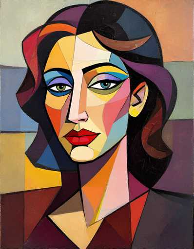This image is a vibrant, abstract painting of a woman's face, reminiscent of Picasso's style. The woman's face is composed of various geometric shapes, including triangles, squares, and rectangles, all outlined in black. Her hair is a striking mix of colors, with the left side being black and the right side purple. She has blue and purple eyeshadow, green eyes, and red lips. The background features a series of horizontal stripes in colors such as gray, orange, blue, green, and purple, adding to the painting's dynamic and colorful composition. The woman is wearing a shirt with a V-neck, and the overall effect is a captivating blend of abstract artistry and vivid hues.