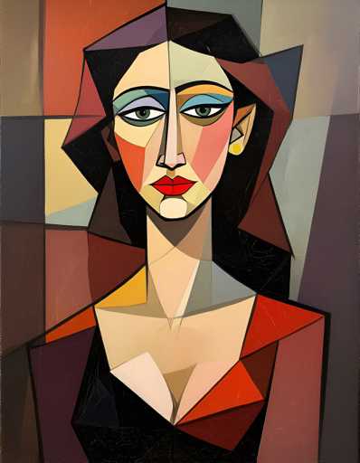 The image depicts an abstract portrait of a woman with long brown hair and striking red lips. The painting is done in a geometric style, characterized by its use of bold colors and shapes that create a sense of depth and dimensionality. The background features a grid pattern composed of squares and rectangles in various shades of orange, pink, and purple, which adds to the overall visual complexity of the piece.