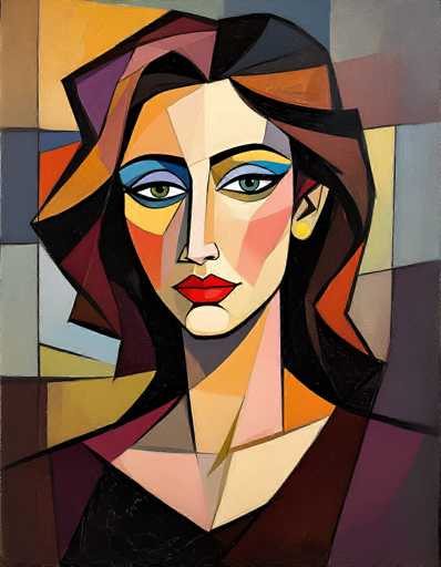This image is a detailed, abstract painting of a woman's face and upper body, created in a cubist style reminiscent of Picasso. The woman, who has fair skin, is depicted with a mix of geometric shapes and vibrant colors. Her hair is a blend of brown, black, and orange hues, styled in a way that suggests movement. She has striking blue eyeshadow and green eyes, with her eyebrows painted in black. Her lips are painted a vivid red, and her cheeks feature a rosy pink blush. She is wearing a black shirt, and the background is composed of various geometric shapes in shades of gray, blue, yellow, and orange. The painting captures her face from the top of her head down to her chest, with her neck and shoulders also visible. The overall composition is dynamic and colorful, with no text present in the image.