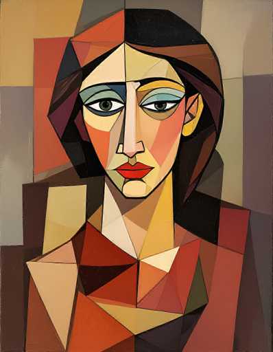 This image is a detailed, abstract painting of a woman's face and upper body, reminiscent of Picasso's style. The woman has dark brown hair that falls just below her ears, with a hint of a black streak. Her face is composed of various geometric shapes, including triangles, squares, and rectangles, creating a mosaic-like appearance. She has striking green eyes, red lips, and a long, thin nose. Her skin is depicted using a mix of colors: peach, yellow, and brown, with a notable blue patch on the left side of her face. The background is a complex array of shapes and colors, featuring shades of yellow, gray, red, orange, and brown, adding depth and contrast to the overall composition. The painting captures the essence of a woman gazing directly at the viewer, with a blend of realistic and abstract elements.