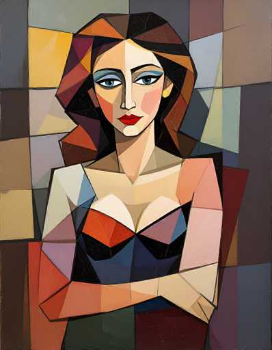 This image is a detailed, abstract painting of a woman, reminiscent of Picasso's style. The woman, who has fair skin, is depicted with a serious expression, her blue eyes staring directly at the viewer. Her hair is a mix of brown, orange, and black, cascading down to her shoulders. She wears a black bra and a black skirt, with her arms crossed over her chest. Her makeup is striking, featuring red lipstick and blue eyeshadow. The background is a vibrant mosaic of various colors, including shades of blue, green, yellow, orange, red, purple, and brown, creating a dynamic and colorful setting that contrasts with her more subdued appearance. The painting is composed of numerous geometric shapes, such as triangles and squares, adding to its abstract nature.