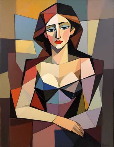 This image is a detailed, abstract painting of a woman, reminiscent of Picasso's style. The woman, who has a distinctly sad expression, is depicted with a face that is half black and half white, with blue eyes and red lips. Her hair is a mix of brown and black, and she is wearing a dress with a prominent bust. The painting is composed of various geometric shapes, including triangles, squares, and rectangles, creating a mosaic-like effect. The background is a vibrant collage of colors such as yellow, blue, gray, purple, red, orange, and black, adding depth and complexity to the piece. The woman's left arm is resting on her lap, and her right arm is draped over her left arm. The overall composition is both colorful and intricate, with the woman's face being the focal point amidst the abstract surroundings.