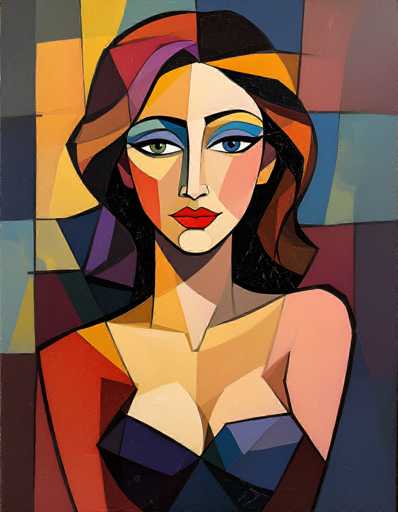 This image is a vibrant, abstract painting of a woman, reminiscent of Picasso's style. The woman, who has fair skin, is depicted with a striking array of colors and geometric shapes. Her hair is a blend of brown, orange, and purple, cascading down to her shoulders. She wears a black bra and a red shirt, with her arms hanging down by her sides. Her face is adorned with blue and purple eyeshadow, and she has red lips. The background is a mosaic of various colors, including blue, yellow, orange, red, purple, and black, creating a dynamic and colorful backdrop. The painting captures the essence of modern abstract art, with its bold use of color and unconventional shapes.