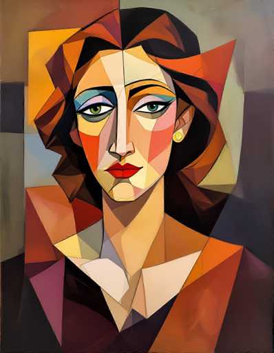 This image is a detailed, abstract painting of a woman's face and upper body, rendered in a cubist style reminiscent of Picasso. The woman's face is composed of various geometric shapes, primarily triangles, with a mix of colors including orange, red, yellow, blue, and green. Her eyes are large and green, framed by blue eyeshadow and black eyeliner, with a distinctive blue line above her eyebrows. She has red lips and a long, slender neck. Her hair is dark brown, styled in a bob that extends to her ears, and she wears a single yellow earring. The background is a blend of gray, brown, and blue hues, adding depth to the overall composition. The painting captures the essence of a woman with a serious expression, her face slightly turned to the left, creating a dynamic and visually striking portrait.
