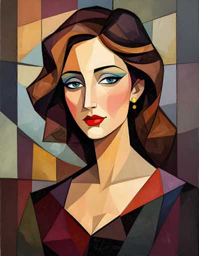 This image is a detailed, abstract painting of a woman, rendered in a style reminiscent of Picasso. The woman, who has fair skin, is depicted with a mix of geometric shapes and vibrant colors. Her hair is a blend of brown, black, and orange hues, styled in a way that it appears to be pulled back. She has striking blue eyes, accentuated by blue eyeshadow, and wears bright red lipstick. Her face is adorned with a touch of blush on her cheeks. She is dressed in a black top with a V-neck, and a single gold earring is visible on her left ear. The background is a mosaic of various colored triangles and rectangles, including shades of brown, green, blue, purple, red, and yellow, creating a dynamic and colorful backdrop. The overall composition is both abstract and detailed, with the woman's face being the focal point amidst the geometric shapes.