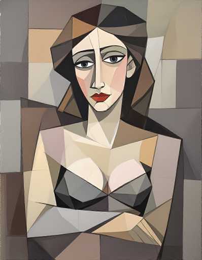 This image is a detailed, abstract painting of a woman rendered in a cubist style. The woman, who has a distinctly angular and geometric appearance, is depicted with a long, thin face and large, expressive eyes. Her hair is a mix of brown and black, styled in a way that adds to the angular aesthetic. She wears a black bra, and her arms are crossed over her chest, giving her a contemplative or slightly defensive posture. The background is composed of various shades of gray, tan, and brown, creating a mosaic-like effect that complements the overall cubist theme. The painting is rich in detail, with the woman's features and attire meticulously constructed from numerous small, angular shapes, emphasizing the abstract yet recognizable nature of the artwork.