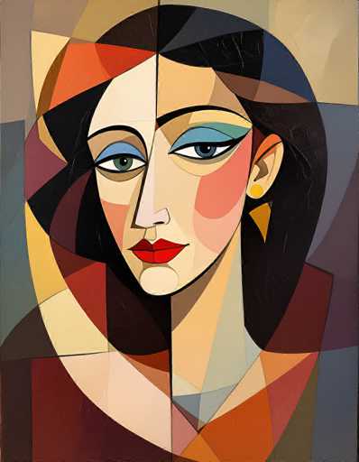 This image is a detailed, abstract painting of a woman's face, reminiscent of Picasso's style. The woman has dark, shoulder-length hair and is adorned with a yellow earring. Her face is divided by a prominent black line running vertically down the center, creating a stark contrast between the two sides. The left side of her face features a lighter complexion with blue eyeshadow and green eyes, while the right side has a darker complexion with blue eyeshadow and blue eyes. Her lips are painted a vivid red, and her cheeks are rosy. The background is a vibrant mosaic of various colors, including shades of blue, purple, red, orange, yellow, and brown, adding depth and complexity to the overall composition.