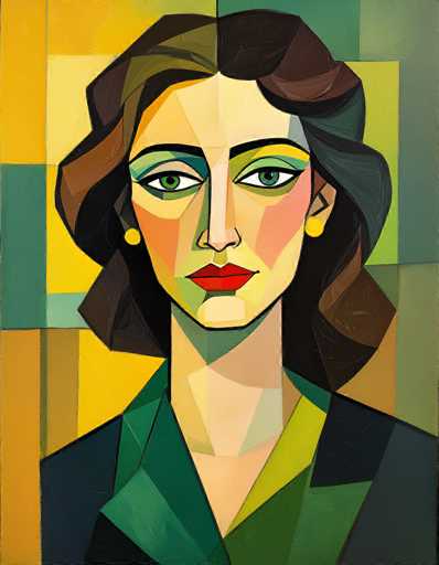 This image is a detailed painting of a woman, rendered in a geometric style reminiscent of Picasso. The woman has a fair complexion with a yellowish tint, and her face is composed of various shapes and colors. Her eyes are green, framed by black eyebrows, and she has a long nose and red lips. Her cheeks are a mix of pink and yellow, and she wears yellow earrings. Her hair is a blend of brown, black, and green, styled in a way that it appears to be pulled back. She is dressed in a black suit with a green collar, and the background features a mosaic of green, yellow, and orange squares. The overall composition is vibrant and abstract, with the woman's face and body constructed from a multitude of colorful geometric shapes.