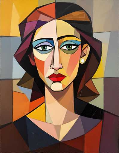 This image is a detailed, abstract painting of a woman's face, rendered in a style reminiscent of Picasso's cubist works. The woman's face is composed of various geometric shapes, including triangles, squares, and rectangles, creating a fragmented yet cohesive appearance. Her skin is painted in shades of tan, with distinct areas of color such as blue and purple around her eyes, and red on her lips. Her eyes are green, and she wears a white pearl earring. Her hair is a mix of brown, black, and orange hues, styled in a bob cut. The background is a mosaic of colors and shapes, featuring squares and rectangles in shades of yellow, gray, brown, orange, and purple. The overall composition is vibrant and dynamic, with the woman's face being the central focus amidst the abstract backdrop.