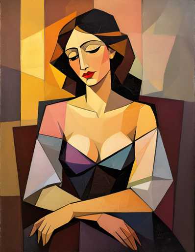 The image depicts an abstract painting featuring a woman with long hair and dark skin tones rendered in shades of pink, blue, and brown. The woman is seated on a chair, her arms crossed over her chest, creating a sense of calm and contemplation. The background is a gradient of colors transitioning from yellow to purple, adding depth and complexity to the piece.