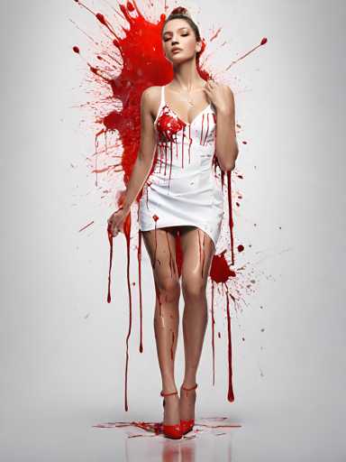 A woman is standing against a white background with red splatters on her dress and shoes. She has short hair and is wearing a strapless white dress that is dripping with red paint. The woman's right hand is holding a small object in her left hand.