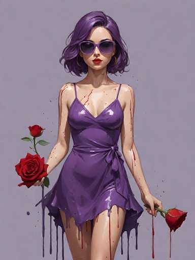 The image depicts a striking, computer-generated illustration of a woman with short, wavy purple hair and large purple sunglasses. She is wearing a shiny, purple dress that is cut off at the shoulders and tied at the waist, with thin straps. The dress appears to be made of a plastic-like material, as it is dripping and melting at the bottom, with streaks of purple running down her legs. Her skin is pale, and she has red lipstick on. She is holding two red roses: one in her left hand, which is dripping with blood, and the other in her right hand, which also has blood on it. The background is a solid gray, and the overall scene is illuminated by a light source from the top left, casting a shadow on the right side of her body. The image is detailed and vivid, emphasizing the contrast between the woman's vibrant purple attire and the dark, blood-like drips.