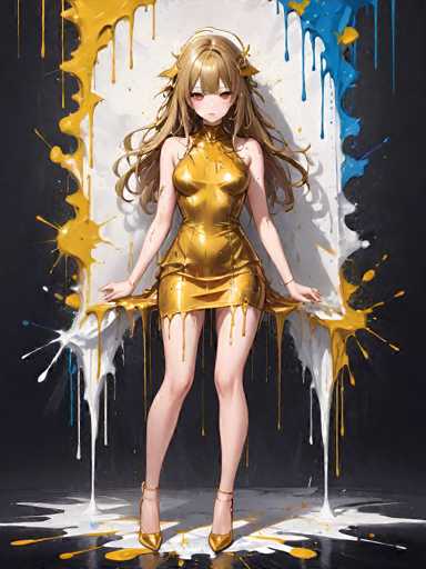 The image features a striking anime-style female character with long, flowing blonde hair. She is adorned in a sleek, golden dress that accentuates her elegant figure. The dress is complemented by matching golden high heels, adding a touch of glamour to her ensemble. The character stands confidently, exuding a sense of poise and sophistication. The overall aesthetic is vibrant and eye-catching, with the golden hues of her attire creating a captivating contrast against the background.