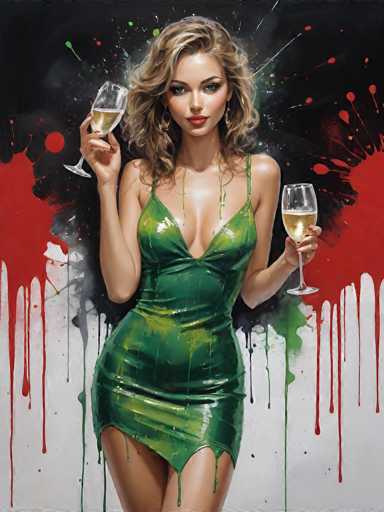 This image is a detailed painting of a young woman, likely in her early 20s, with a striking appearance. She has long, wavy blonde hair that cascades down to her shoulders, and she is wearing red lipstick. Her attire is a form-fitting, green dress that appears to be made of a shiny, plastic-like material, accentuating her figure. The dress is sleeveless with thin straps and features a plunging neckline that reveals some cleavage. It also has a slit on the left side, exposing her leg up to the upper thigh. The woman is holding a glass of champagne in each hand, with her right hand positioned higher than her left. The background is a dynamic mix of colors: the top portion is black, transitioning into red splotches that drip down, and the bottom part is white. The overall composition gives the impression of a vibrant, possibly celebratory scene.