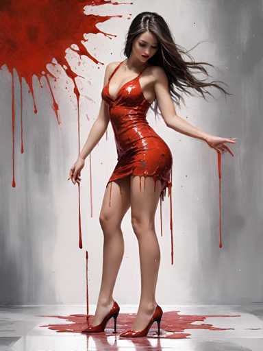 A woman wearing a red dress with red paint splatters on her legs and feet is the main subject of this image. She stands against a gray wall, which has red paint splatters scattered around it. The woman's arms are outstretched to the sides in a pose that suggests movement or dance-like activity.