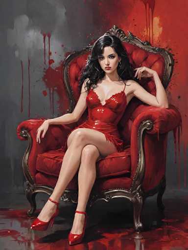 The image depicts a young woman, possibly in her late teens or early twenties, with long, wavy black hair cascading down to her chest. She is seated in a luxurious, red velvet chair with intricate gold trim and a high back adorned with a gold emblem. The woman is dressed in a striking, low-cut red dress that appears to be made of leather or satin, featuring a high slit on the left side that reveals her leg. She complements her outfit with matching red high-heeled shoes. Her expression is serious, and she gazes directly at the viewer. The background is a dark gray, accentuated by red paint splatters that mirror the chair and floor, creating a dramatic and somewhat ominous atmosphere. The overall composition suggests a blend of elegance and intensity, reminiscent of a scene from a comic book or a stylized painting.