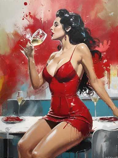 This painting depicts a woman with long, dark hair cascading down her back, seated on a stool at a table. She is wearing a red dress that accentuates her cleavage and has a low-cut neckline. The woman is holding a wine glass in her right hand, which is filled with a yellow liquid, possibly champagne. Her left arm is resting on the table, which is covered with a white tablecloth. On the table, there are two additional wine glasses and two plates of food, one of which appears to contain red meat. The background is a vibrant mix of red, white, and yellow hues, with splashes of paint adding a dynamic and somewhat chaotic element to the scene. The woman's head is turned to the left, and she is gazing off into the distance. The overall composition is rich in detail, capturing a moment of quiet contemplation amidst a colorful and expressive setting.