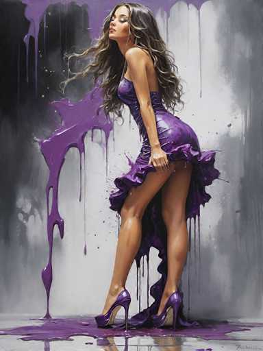 The image portrays a striking, computer-generated artwork of a young woman with long, wavy brown hair cascading down her back. She is dressed in a form-fitting, purple dress that accentuates her figure, featuring a strapless design that wraps around her neck and extends into a flared, ruffled hemline. The dress is adorned with silver or white metallic lines that add a touch of elegance and shine. She is wearing high-heeled purple shoes that complement her outfit. The woman is posed with her back to the viewer, her head turned to the left, eyes closed, and head slightly tilted upward, exuding a sense of confidence and poise. The background is a dynamic blend of white, gray, and black, with splashes and drips of purple paint that mirror her dress and create a cohesive, artistic effect. The floor beneath her is reflective, capturing the purple paint and adding depth to the scene. The overall composition is vertical, emphasizing the woman's elongated form and the flowing lines of her dress and hair.